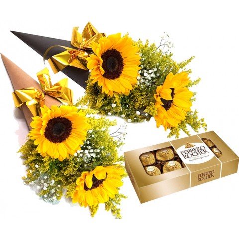 Arranjo de Girassol no Cone de Papelão + Chocolate